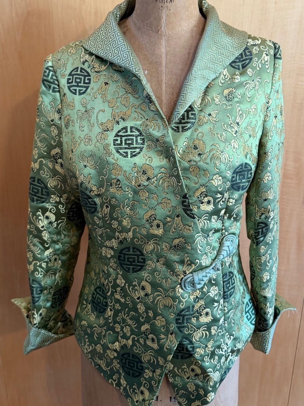 Green and Gold Chinese Satin Jacket with Frog Closure
